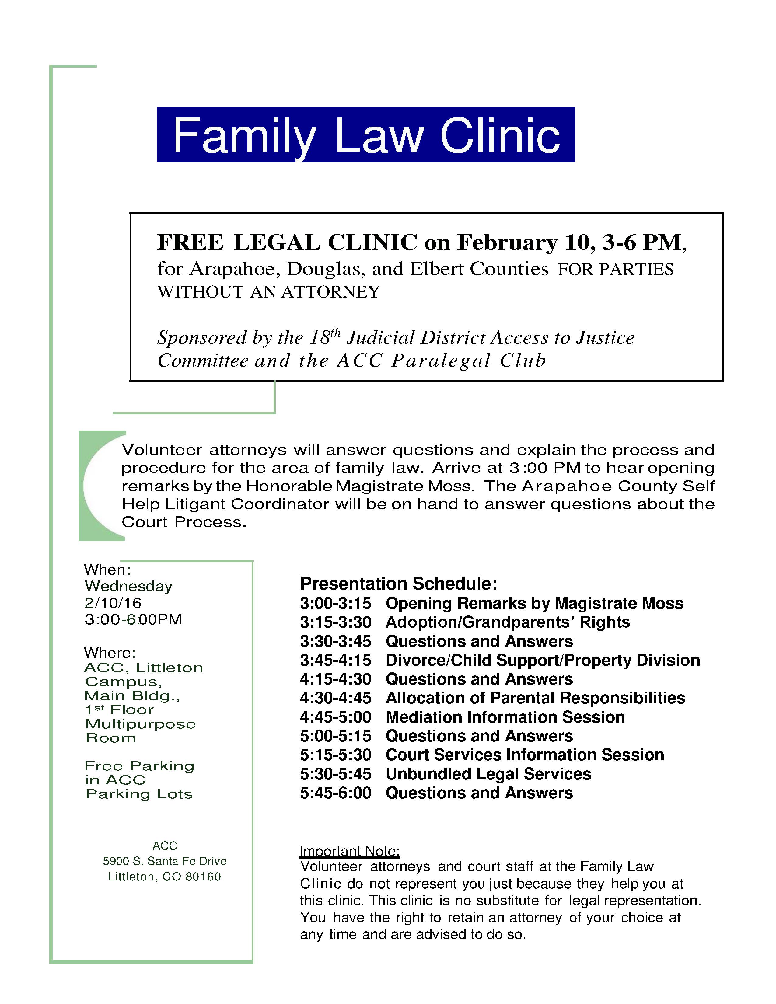 Free Family Law Clinic in Littleton on Feb. 10th
